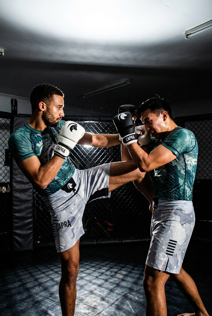 Twee mannen sparren met Capra Core MMA uitrusting