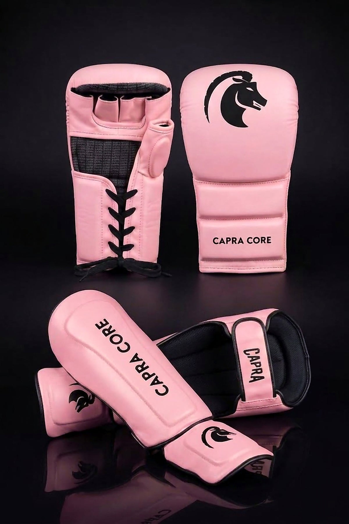 Capra Laced Fight Set in roze met zwart - MMA sparringhandschoenen en scheenbeschermers